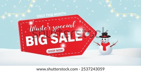 Winter Sale Background Special Offer Banner with up to 50% with tag and snowman, snow flakes. Vector illustration