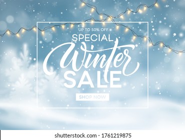 Winter sale background template. Christmas winter snowy landscape. Winter snow dust background. Vector illustration EPS10