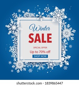 winter sale background and template promo with snowflakes.