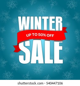 Winter sale badge, label, promo banner template. Up to 50% OFF discount sale offer. Vector illustration..