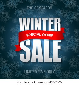 Winter sale badge, label, promo banner template. Special sale offer text on ribbon. Limited time only. End of winter season sale vector illustration.