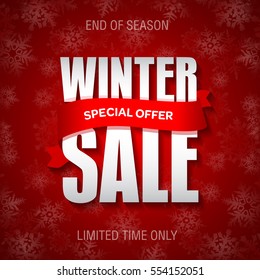 Winter sale badge, label, promo banner template. Special sale offer text on ribbon. Limited time only. End of winter season sale vector illustration.