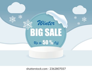 Winter sale banner with 3d podium. Winter background with snowdrifts and clouds in paper cut style. Vector