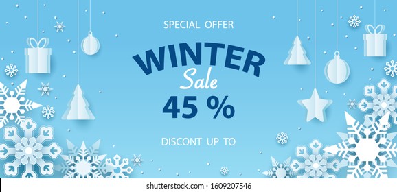 Winter sale banner, 45% discount, special offer. Postcard white snowflakes, gifts, box, tree and toys on layered paper on a blue background. Cutting from paper. Vector. holidays, poster, mobile app