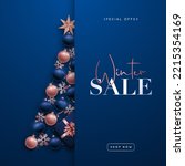 Winter sale banner. Abstract Christmas tree in form of blue and rose gold baubles, snowflakes, star and gift box. Vector design for wallpaper, flyers, invitations, posters. 