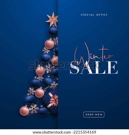 Winter sale banner. Abstract Christmas tree in form of blue and rose gold baubles, snowflakes, star and gift box. Vector design for wallpaper, flyers, invitations, posters. 