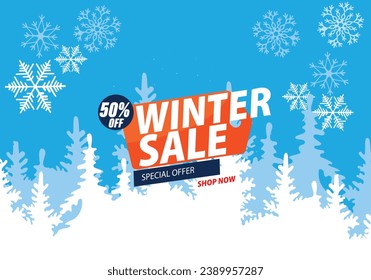 Winter Sale banner background for ecommerce business retail promotion vector illustration. Use for social media and website. Discount up to 50% Off. Sale campaign or promotion.