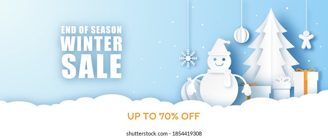 Winter Sale Banner Background. Merry Christmas Online Shopping. 3D Paper Art and Craft. 