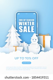 Winter Sale Banner Background. Merry Christmas Online Shopping. 3D Paper Art and Craft. 