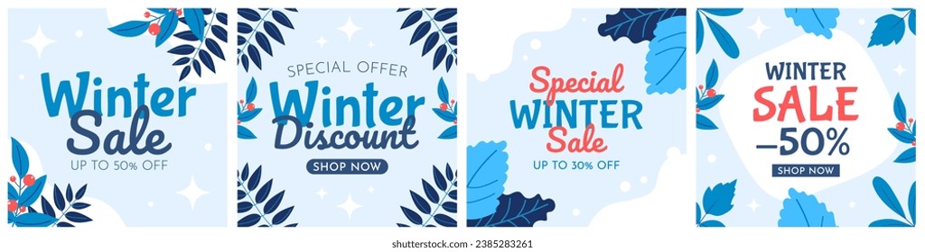 Winter sale banner, background template design.
Hand-drawn winter templates for social media, cards, posts, invitation, web, advertising. Discount, shop now, sale.