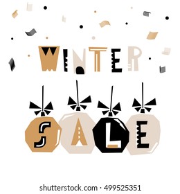 Winter Sale banner, background with sale text and Christmas decorations. Vector Illustration