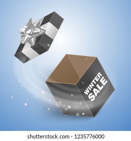 Winter sale banner with black box decorated white bow, Special offer. Vector illustration