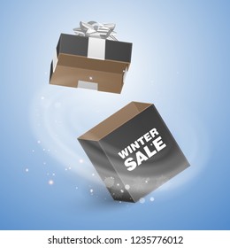 Winter sale banner with black box decorated white bow, Special offer. Vector illustration