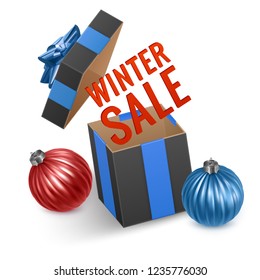 Winter sale banner with black box and Christmas balls, background for seasonal retail promotion. Vector illustration.