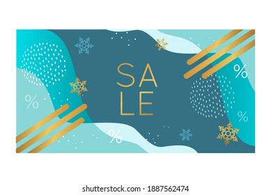 Winter sale banner. Blue and gold colors. Waves and abstract elements, dots, strokes and snowflake. Vector background in a modern style.