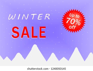 Winter sale banner with bright red discount percent against blue background with mountains and snowfall