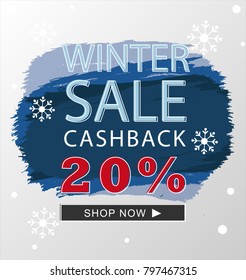 Winter sale banner with brush background blue color and snow falling vector design