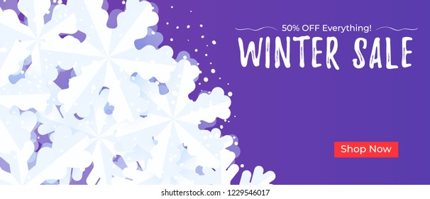 Winter sale banner. Christmas background template with snowflakes and snow.