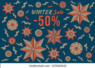 Winter sale banner. Christmas or winter composition.Vector frame with hand drawn stars. 