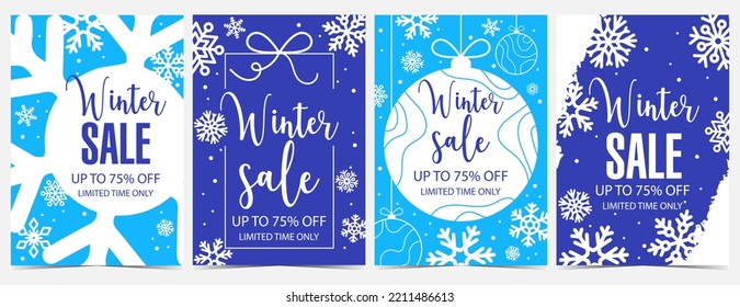 Winter sale banner for Christmas or New Year holiday discount season. Vertical vector sale poster, flyer, leaflet with snowflakes and Christmas tree decorations for winter holidays shopping promotion.