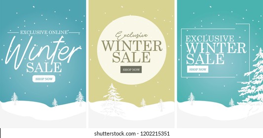 Winter sale banner, Christmas trees, handwritten font, online sale banners, good for winter print banner, snow, seasons greetings, space for text.