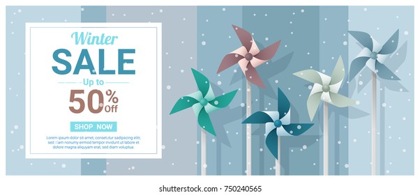 Winter sale banner with colorful pinwheels , vector , illustration