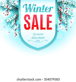 Winter sale banner decorated with Christmas tree branches, confetti and snow