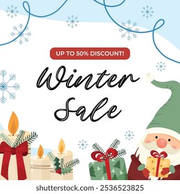 Winter sale banner with decorative candles, gift boxes, snowflakes and cheerful Santa in green hat. Cute vector symbols of winter holiday sales. For sale banners, seasonal promotions, flyers.