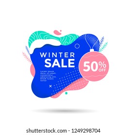 Diseño de banner en la venta de invierno con formas geométricas abstractas. Afiche de la oferta navideña con forma líquida y bola. Ilustración del vector