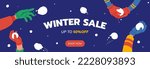 Winter Sale banner design in cartoon style. Winter background with falling snow and snowball fight. Ideal for header, website, promo. Vector illustration.