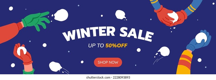 Winter Sale banner design in cartoon style. Winter background with falling snow and snowball fight. Ideal for header, website, promo. Vector illustration.