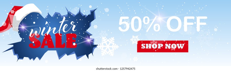 winter sale banner design ice hole red hat new year holidays season shopping template special discount offer concept horizontal poster flat