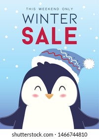 Winter sale banner design with Penguin & text on background for shopping promotion. Cute vector illustrator.