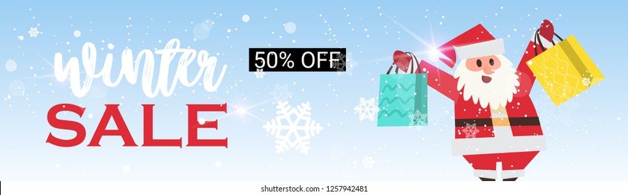 winter sale banner design santa hold purchases new year holidays season shopping template special discount offer concept horizontal poster flat