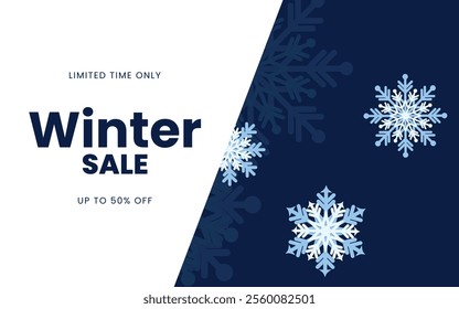 Winter sale banner design. Winter shopping discount text with snowflake elements. Vector illustration