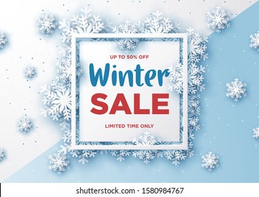 Winter sale banner design with snowflakes on white and sky blue background,Paper art style