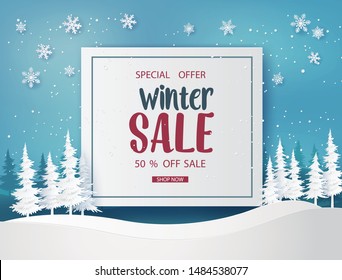 Winter sale  banner design with white snowflakes . paper art style.