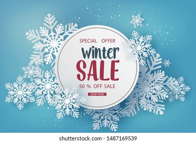 Winter sale  banner design with white snowflakes . paper art style.