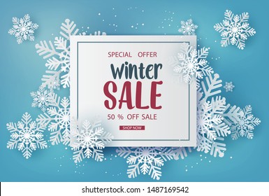 Winter sale  banner design with white snowflakes . paper art style.