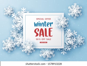 Winter sale banner design with white snowflakes,Paper art style