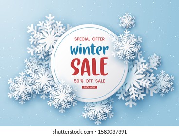 Winter sale banner design with white snowflakes,Paper art style