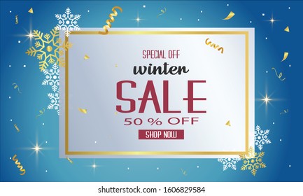 Winter sale banner design with white snowflakes. Vector illustration
