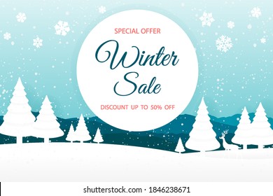 Winter sale banner design with white snowflakes on Winter landscape background.