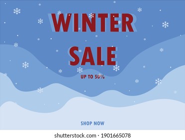 Winter sale banner design with white snowflakes. Poster for discount.  Winter sale social network banner. Business Poster. Blue colors layered background
