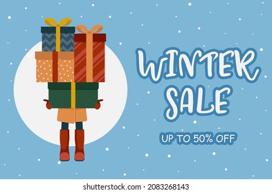 Winter sale banner design. Young woman holding many colorful gift boxes. Vector iilustration in flat cartoon style.