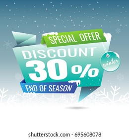 Winter sale banner. discount 30%. special offer. end of season. Vector illustration. on blue background