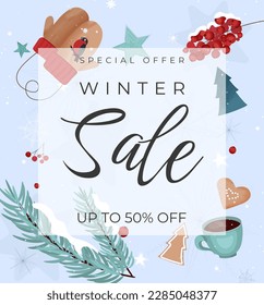 Winter sale banner with discount text. Template for design poster, banner, invitation, voucher. Promo discount season offer.