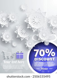 Winter sale banner featuring a bold 70 discount text in red, surrounded by white snowflakes on a cool gray background. Ideal for promoting winter sales, holiday offers, or festive discounts.