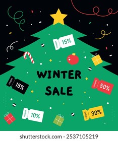 Banner de venda de inverno, decoração festiva para o Natal. Cupons de venda. Moldura de férias com árvore de Natal. Modelo de design plano vetorial.