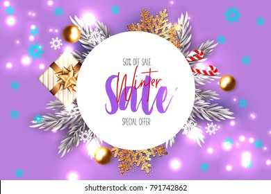 Winter Sale Banner For Gift Box Snowflake Balls Candy Lights 50% off special offer